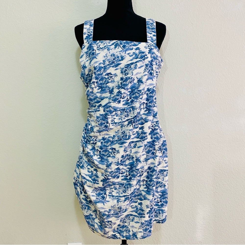 Abercrombie & Fitch Blue Toile Linen Mini Dress Ruched Smocked Back L‎